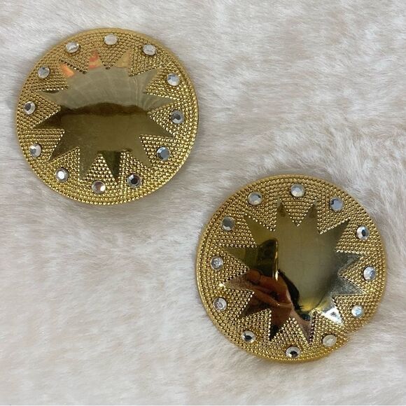 Retro Mod Statement Pierced Earrings Sunburst Pattern w Rhinestone Accents - Picture 2 of 6